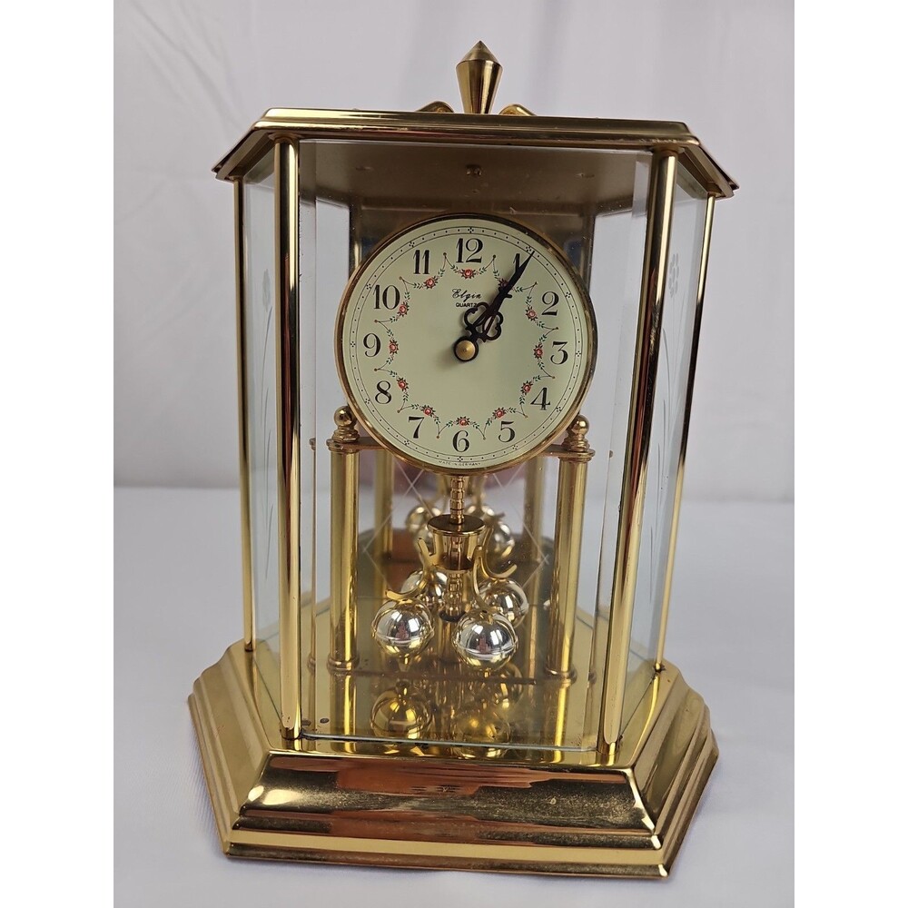Elgin Quartz Anniversary Clock Brass Glass Floral Dial Working Germany